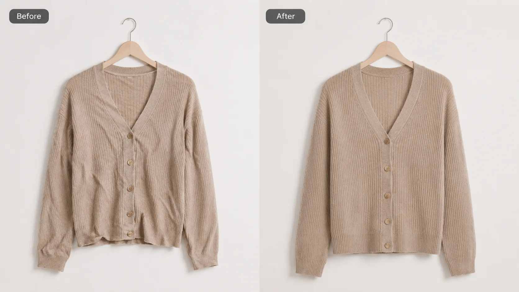 Before / After illustration for How to Remove Wrinkles from Clothing Photos Without Losing Fabric Detail