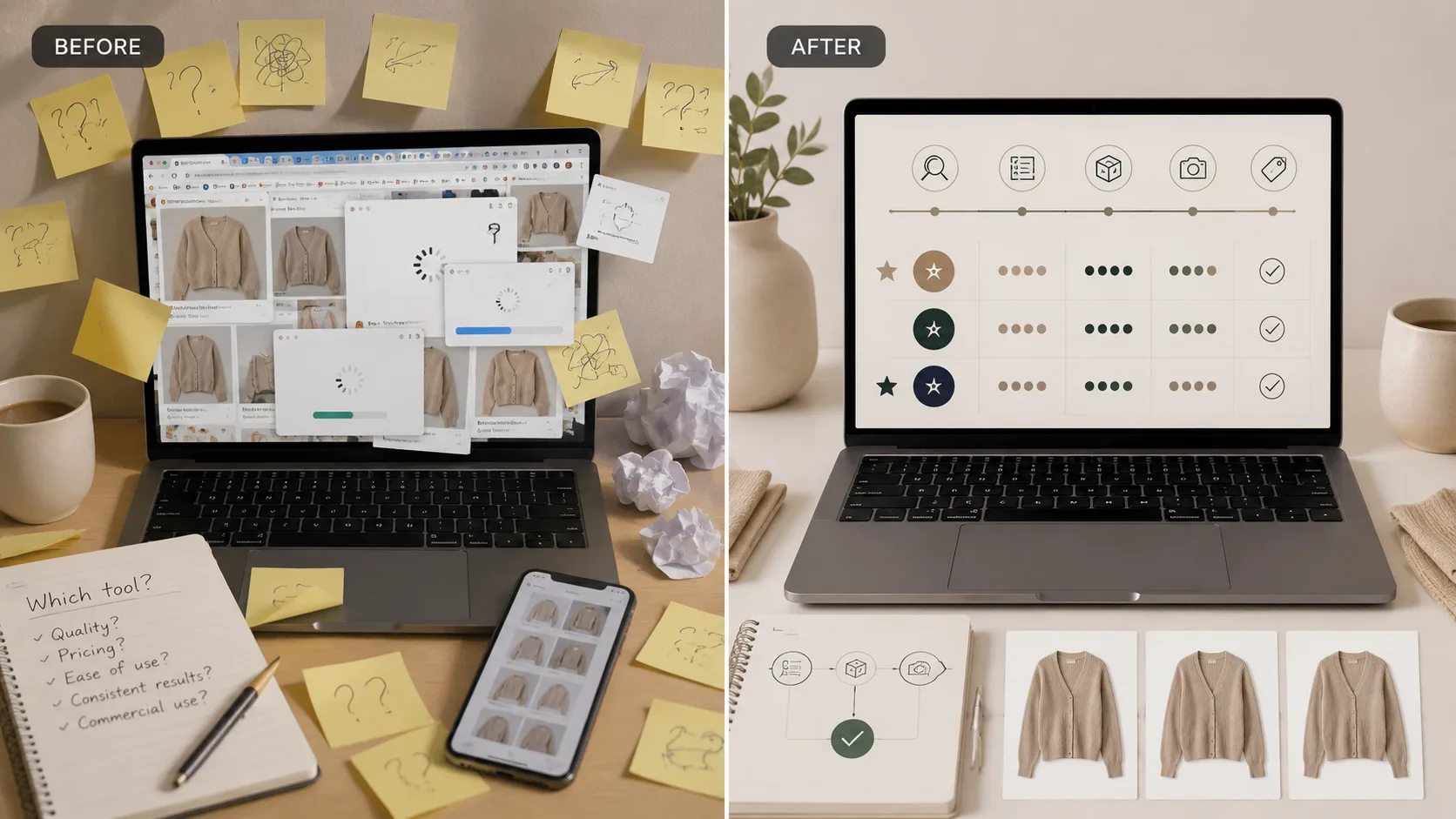 Before / After illustration for Best AI Tools for Ecommerce Product Photos: A Practical Buyer Guide