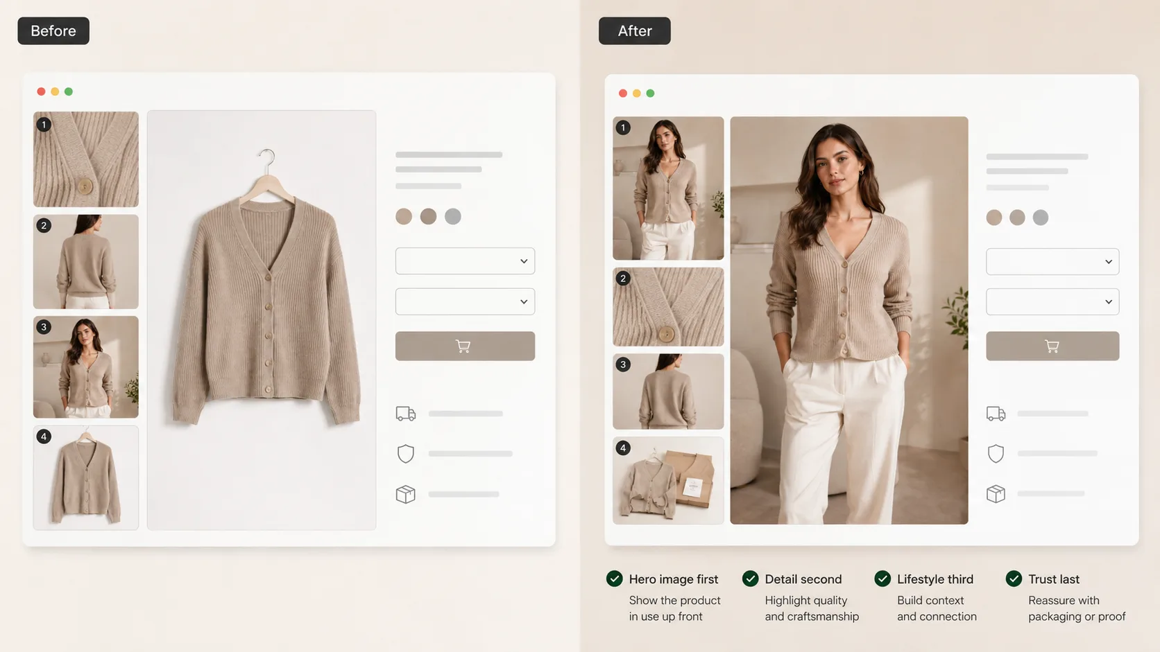 Before / After illustration for Morzai vs PhotoRoom for Apparel Ecommerce: Detailed Comparison by Workflow
