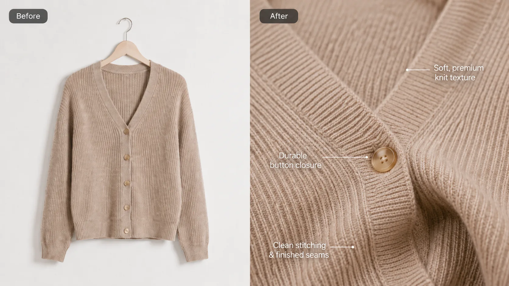Before / After illustration for How to Make Product Detail Close-Up Images That Increase Ecommerce Trust