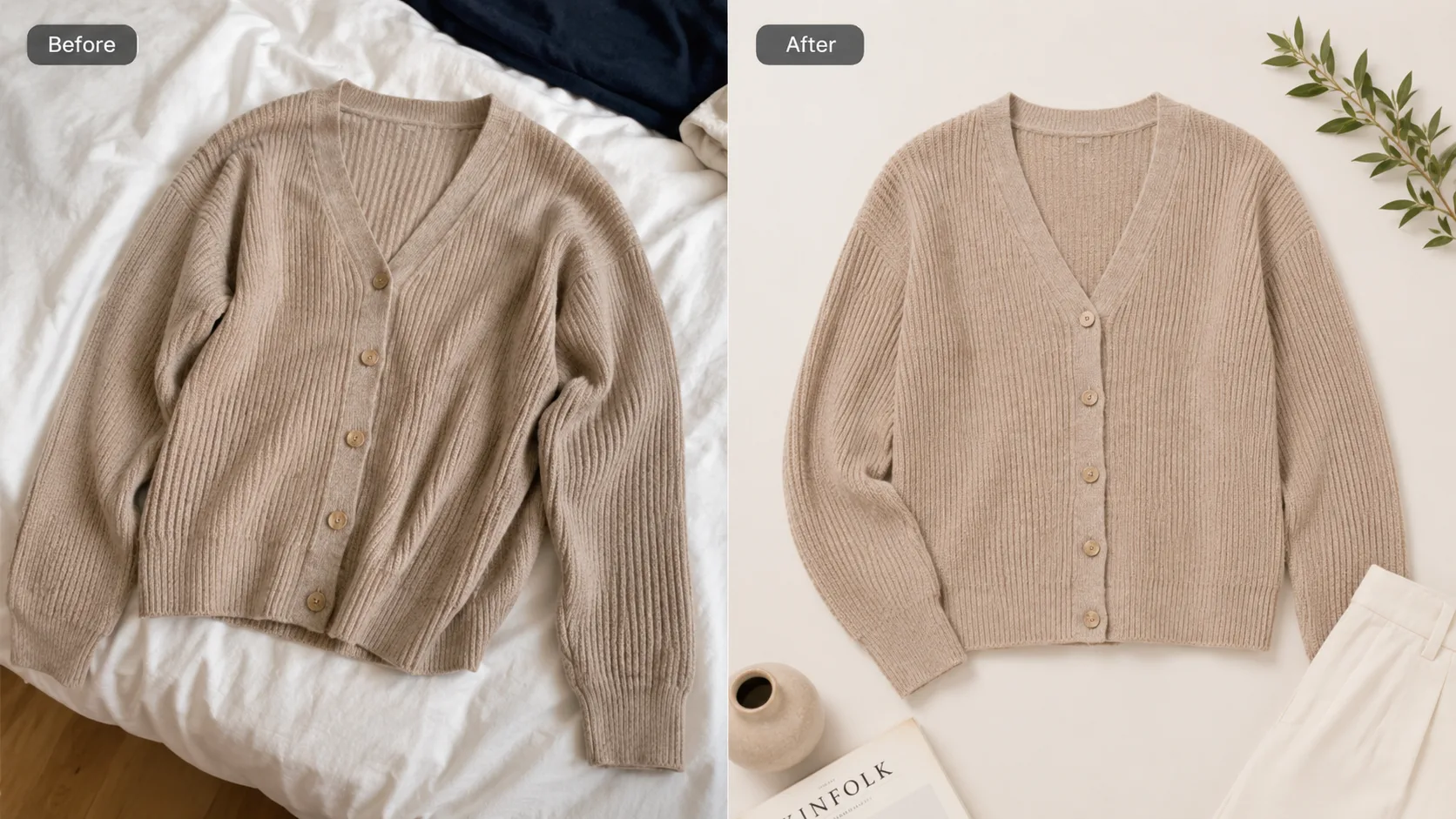 Before / After illustration for How to Create Flat Lay Product Images with AI for Fast Catalog Launches