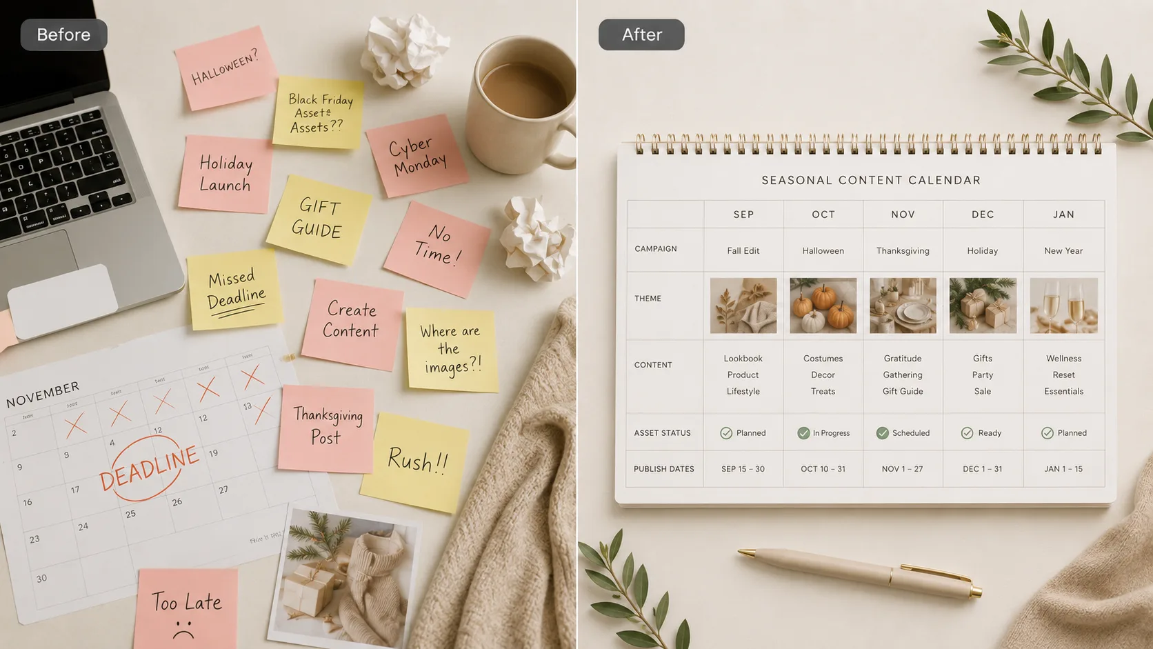 Before / After illustration for Seasonal Ecommerce Image Planning Calendar: AI Workflow Edition