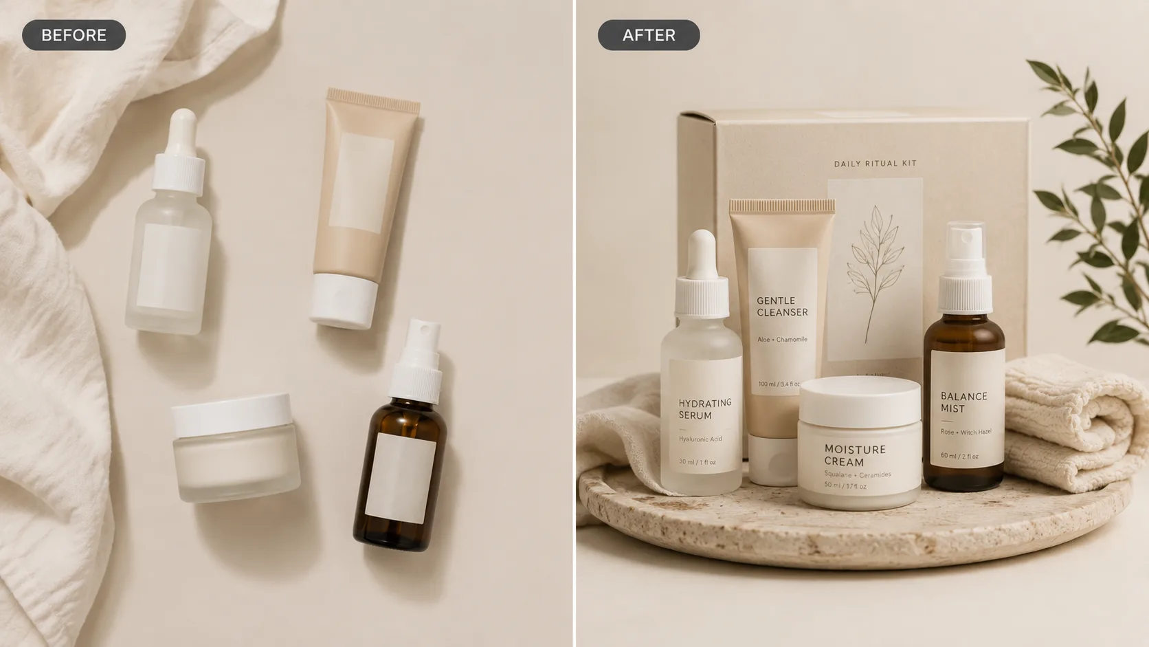 Before / After illustration for How to Create Bundle and Kit Product Images with AI