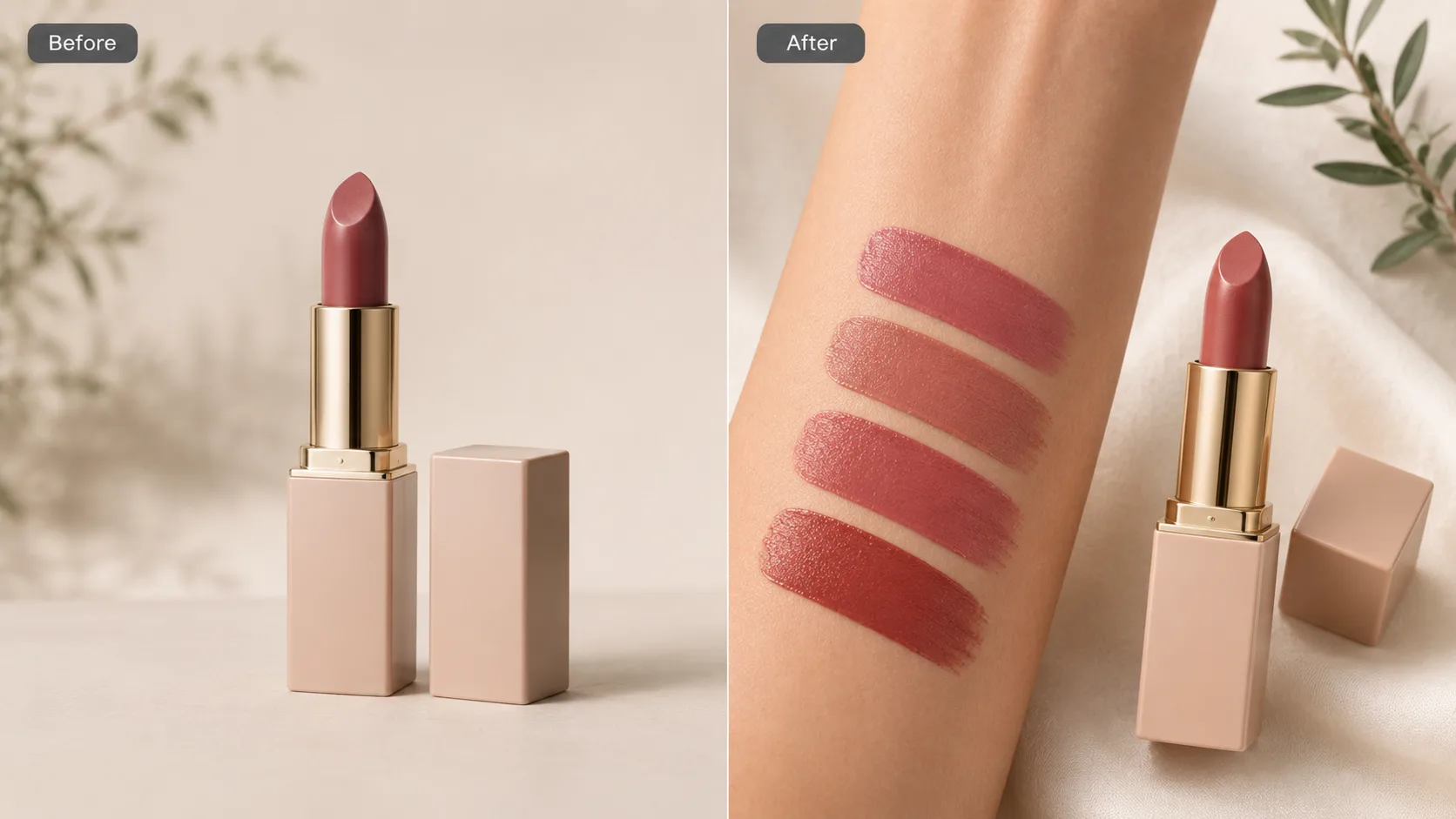 Before / After illustration for How to Create Cosmetic Swatch Images with AI for Ecommerce